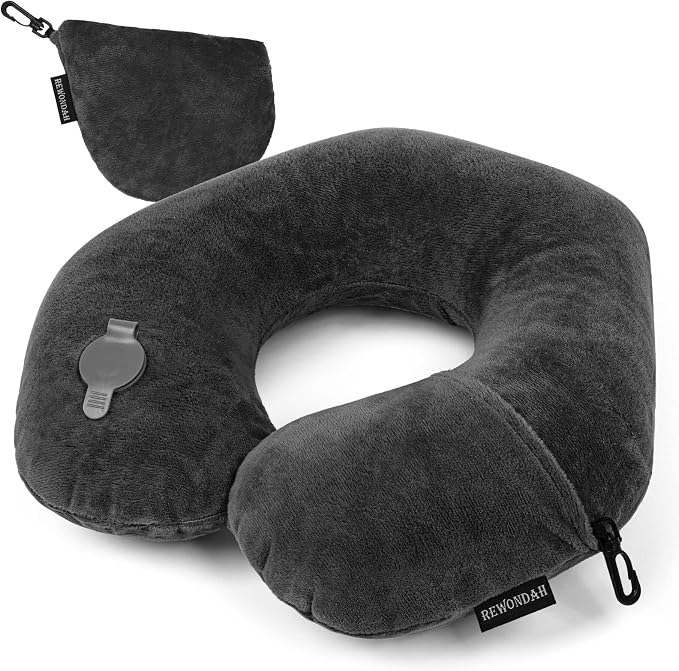 Rewondah Inflatable Travel Pillow, Inflatable Neck Pillow for Traveling Airplane, Travel Pillow with Soft Velour Washable Cover, U Shape Blow Up Neck Pillow for Airplanes Train Car Travel by Rewondah