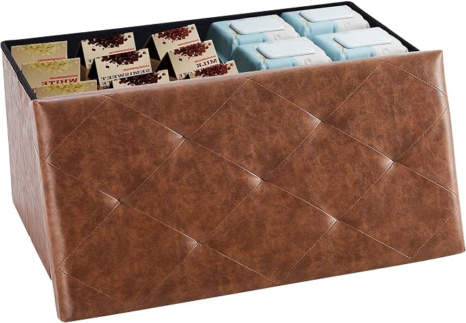 DUMOS 30 Inch Folding Storage Ottoman Bench, Hidden Ottoman with Storage | Storage Chest with Padded Seat, End of Bed Foot Rest Stool for Bedroom Living Room, Load 660 lbs, Synthetic Leather, Brown by DumosLifestyle