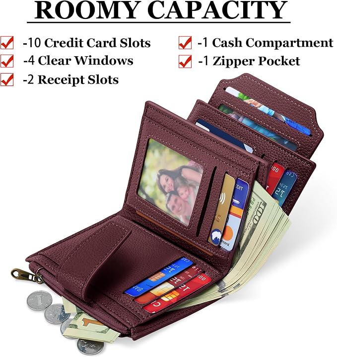 Small Wallet Women RFID Blocking Soft Leather Bifold Compact Card Holder Wallet for Women with Zipper Coin Pocket 4 ID Window - Image 2