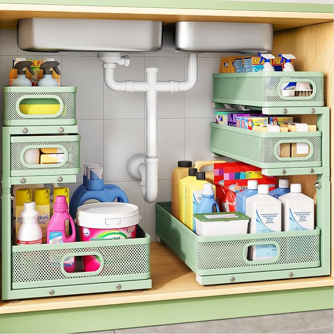 Kitstorack Under Sink Organizer, 2-Pack 3-Tier Height Adjustable Thickened Metal Pull out Cabinet Organizer Shelf, Slide out Storage Drawer Rack for Bathroom Kitchen Pantry Home Organization, Green by Kitstorack