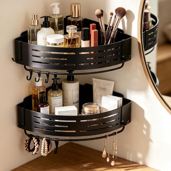 2-PackCorner Shower Caddy,Adhesive Black Caddy,No Drilling Bathroom Storage | Bathroom Organizer And Storage,No-drill adhesive corner caddy, Estantes Para Baño,shower caddy for kitchen or study - Image 9