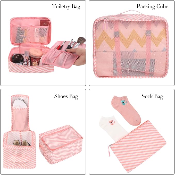 BAGAIL 8 Set Packing Cubes Luggage Packing Organizers for Travel Accessories-White and Pink Stripe - Image 3