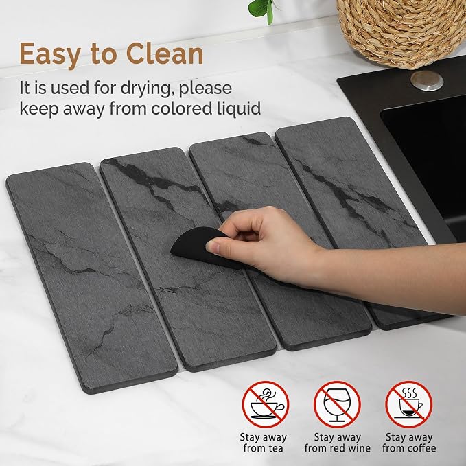 Small Stone Dish Drying Mat for Kitchen Counter, 2 PCS 16"×12" & 8"x4" Quick Dry Stone Mats, Foldable Water Absorbing Diatomite Drying Dish Pad for Countertop Bottles Utensils Cups(Dark Gray Ink) - Image 5