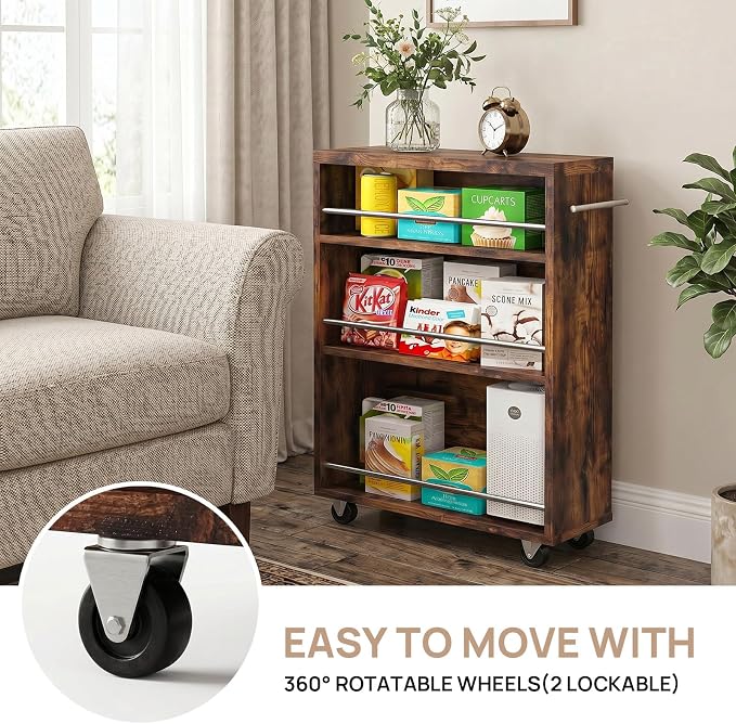 4-Tier Slim Rolling Cart with Wheels, 7.9"W Narrow Storage, Rustic Brown | 4 adjustable MDF shelves (20 lbs each), 360° casters + side handle, Fits kitchen, laundry, bathroom & dorm tight gaps - Image 4