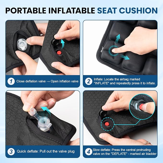 Inflatable Seat Cushion Press-to-Inflate Travel Airplane Car Office | 17.3"x17.3"x1.8", 36 cells, supports 330 lbs, ergonomic, pressure relief, lightweight, non-slip, foldable,no storage bag - Image 6
