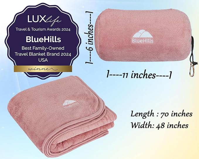 BlueHills Premium Soft Rolled Travel Blanket Airplane Long Flights - Pink | 70 X 48 Inches, Compact In A Bag, Long Flight Comfort, Backpack Carry, Ultra Soft, Large Size Car Blanket, Airplane Essential - Image 5