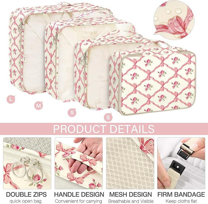 KPX 8 Set Packing Cubes for Travel, Luggage Packing Organizers Accessories Large Toiletries Bag for Clothes Shoes Cosmetics (8Set-Flower & Bow) - Image 3