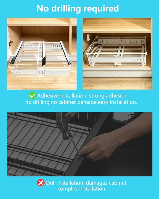 KimHong 2 Pack Pull Out Cabinet Organizer, Expandable Drawer Organizer with Adjustable Width 12.4"-19.5", Adhesive No Drill Under Cabinet Shelves for Home Kitchen Pantry with Silent Slides - Image 4