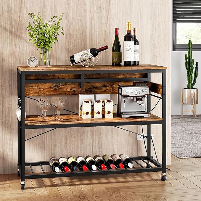 Kitchen Island with Power Outlet and Folding Top, Movable with 3-Tier Storage, Large Size, Wooden Shelves and Wine Rack, for Kitchen, Dining and Living Room, Rustic Brown and Black TZD02UBF - Image 2