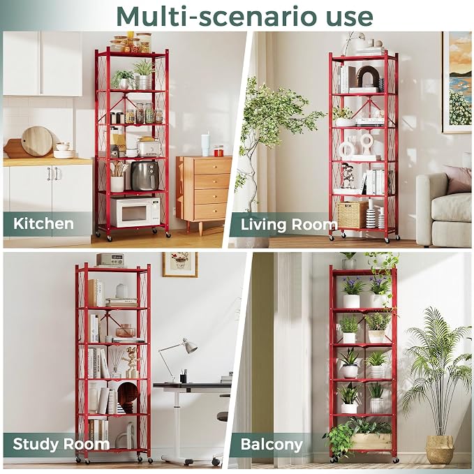 DEANIC 6-Shelf Folding Bookcase with Wheels, Heavy Duty Storage Shelves, Freestanding Metal Wire Shelving Unit for Living Room, Office, Kitchen, Basement, Pantry (Red) - Image 6