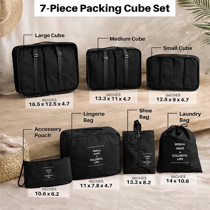 7 Set Packing Cubes For Travel | Luggage Organizer Bags With Shoe, Laundry Bag, Accessory Pouch And Lingerie Bag | Durable And Space Saving Suitcase Organizer For Travel Essentials | Black - Image 2
