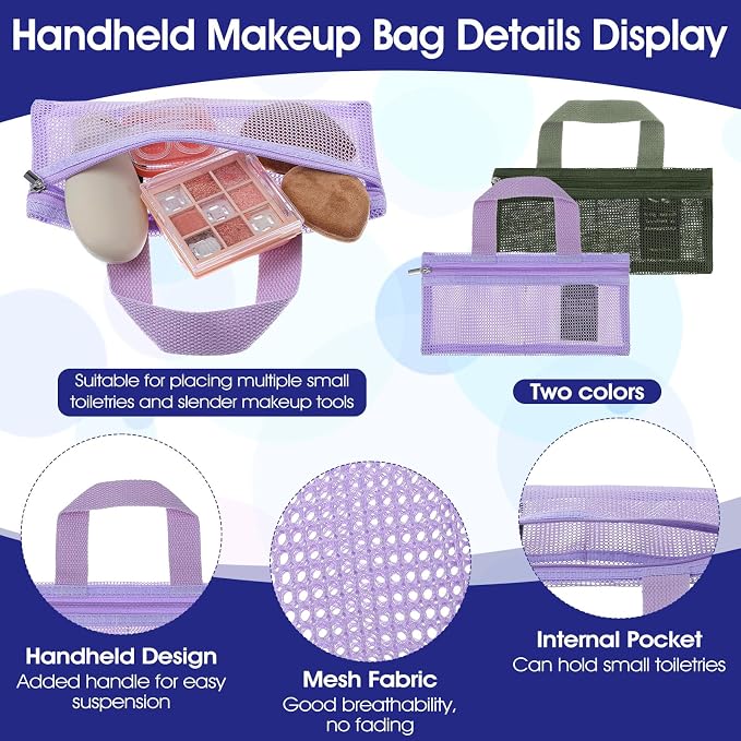 2 Pcs Toothbrush Pouch,Portable Travel Toothbrush Bag,Mesh Toothbrushes Travel Bag for Men and Women,Square Mesh Storage Bags with Zipper(Army green, Purple) - Image 3