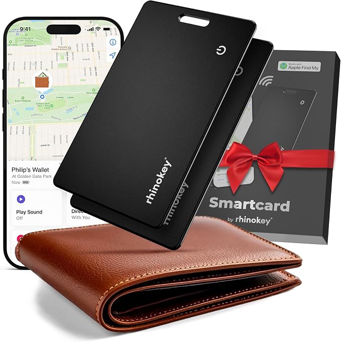 Rhinokey® Apple MFi Certified Wallet Tracker Card Works with Apple Find My | (iOS Only) Slim 0.07in Rechargeable IP68 Waterproof Tracker Item Finder Credit Card Tracker with Keychain Hole for Luggage by Rhinokey
