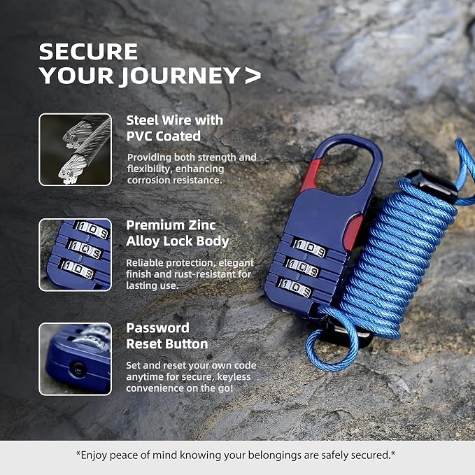 Small Cable Locks with Combination, Travel Combo Lock with Retractable Cable for Ski Gear, Snowboard, Luggage, Suitcases, Backpack, Bike, Bicycle, Scooter, Motorcycle Helmet Anti Theft - Image 3