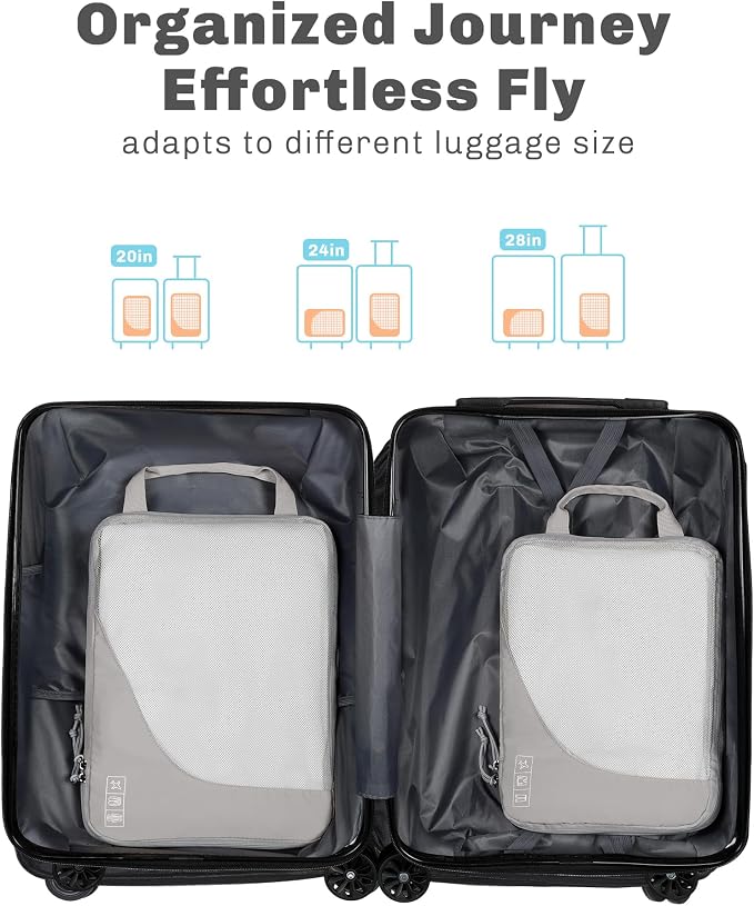 6 Set/ 4 Set/ 2 Set Compression Packing Cubes Travel Essentials Lightweight Nylon Luggage Suitcase Organizer Bag Light Grey 2PCS - Image 3