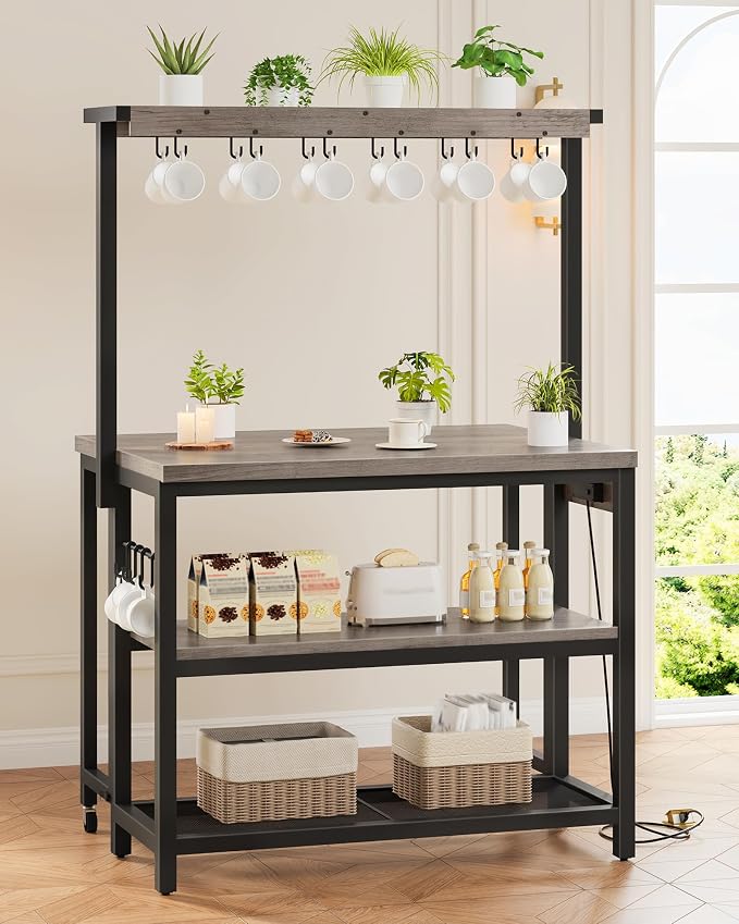 Kitchen Island with Power Outlet, Kitchen Island Table with Folding Top, Stationary Storage Islands, Coffee Bar with Outlets and USB Ports, for Dining Room, Living Room, Greige TZD01UBG - Image 2