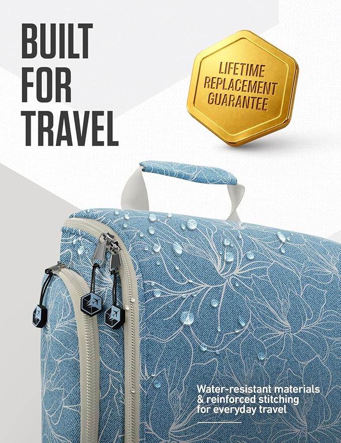 VENTURE 4TH Hanging Travel Toiletry Bag, 17 Compartments - Blue Flowers | Hangs on rails, hooks or doors; stands upright too. Removable TSA pouch. Water-resistant 900D Nylon, reinforced stitching. - Image 7