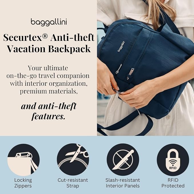 Baggallini Securtex® Anti-theft Vacation Travel Backpack 10x13 Slash-Resistant Nylon Daypack w/RFID, Portobello - Image 2