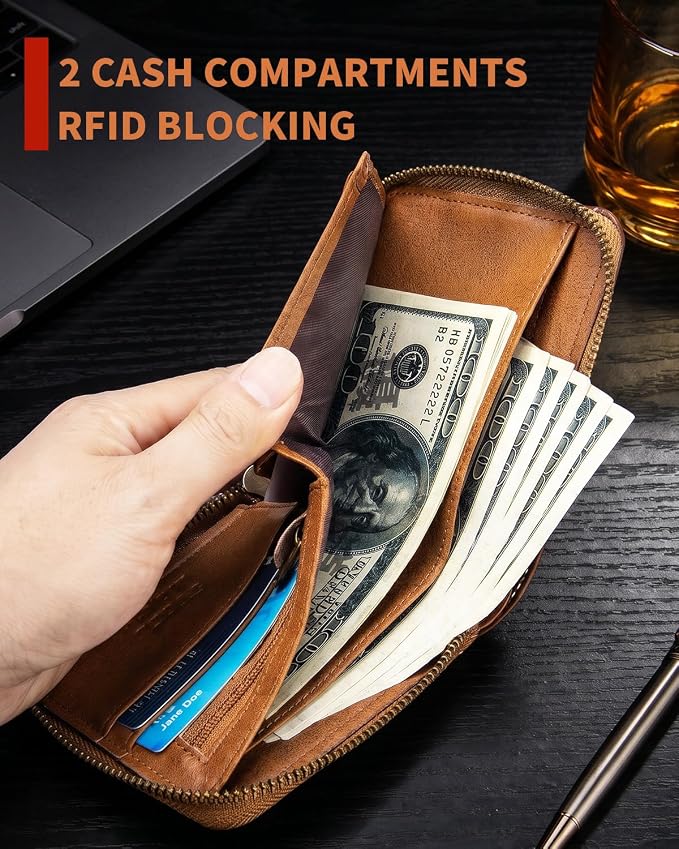 Men's Leather RFID Wallet with Zipper, 14 Card Slots, ID Window | Zippered coin pocket separates loose change; organized for commuting and everyday carry (Brown) - Image 6