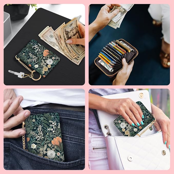 Blusabaca RFID Credit Card Holder Small Women Travel Wallet, Wildflowers | Removable Keychain, Case with Zipper, Vegan PU Leather, Cash Coin Pocket, Business Accordion Purse, Ladies Female Gift - Image 3