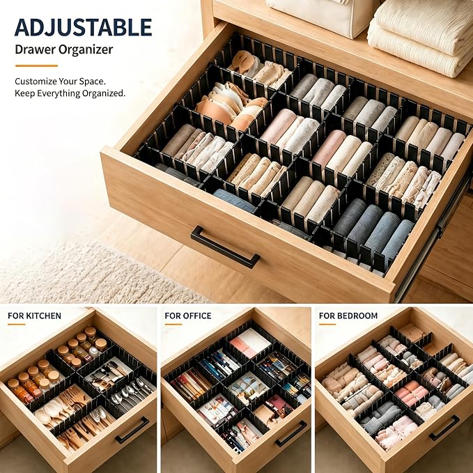 Adjustable Drawer Dividers, Cut-to-Fit DIY Organizers, Black 32 Pack | For Tidying Cutlery, Makeup, Clothes and Dresses in Drawers, Desks and Storage Boxes for Kitchen, Bathroom, Bedroom & Office - Image 7