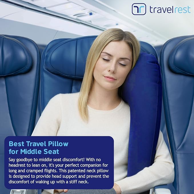 TRAVELREST Ultimate Travel Pillow & Body Pillow - Headrest, Auto, Bus, Train, Office Napping, Camping, Wheelchairs, Comfort and Support, Rolls Up, Straps to Airplane Seat & Car - Blue | Inflatable Travel Essential, Upper Compact Support, Sleeping Acces... - Image 3