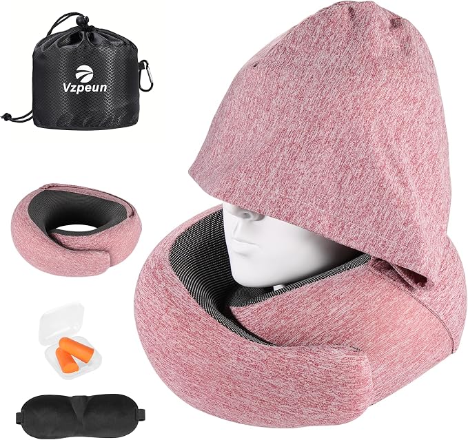 Travel Pillow - Hooded Neck Pillow Airplane Memory Foam Filling | for Plane, Office, Cars Sleeping, Road Trip, Long Flights Essentials, Includes Eye Mask & Earplugs (Red) by Vzpeun