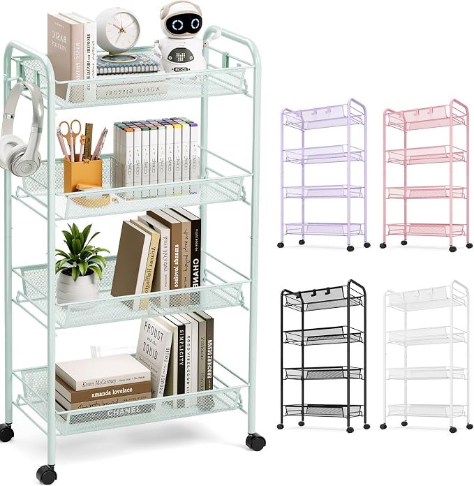 TOOLF 4 Tier Rolling Cart, Metal Utility Storage Cart with Wheels, Green | 3 Hooks, Screwless Assembly, Trolley Organizer for Bathroom, Kitchen, Office, Nursery, Dorm, Laundry Room by TOOLF