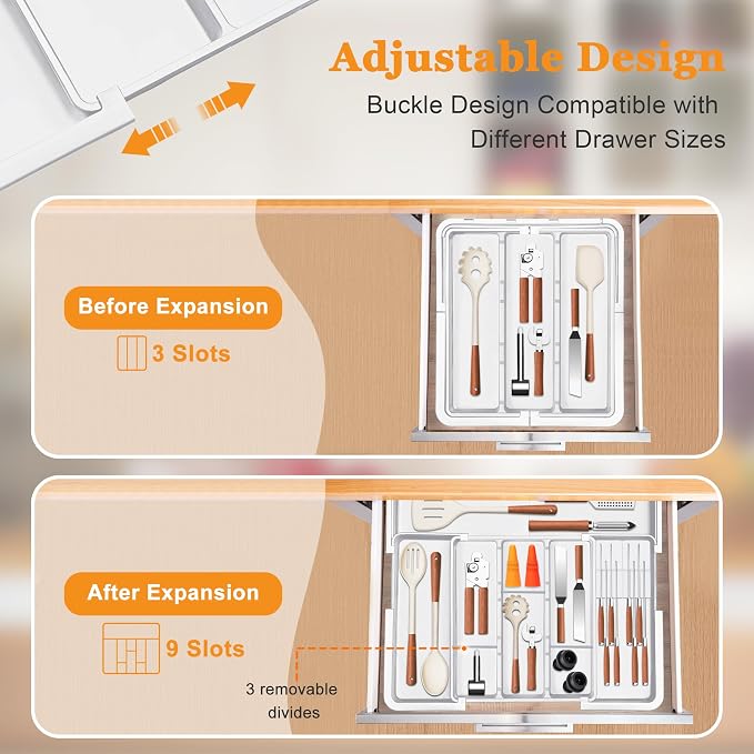 Homecor Kitchen Drawer Organizer Large Expandable Silverware Organizer, Utensil Holder and Flatware Tray, Kitchen Spatula Tools and Gadgets Storage with Removable Knife Blocks and 3 Dividers, White - Image 3