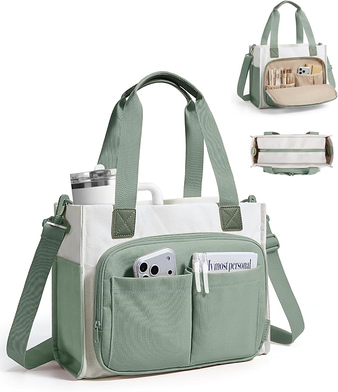 BAGSMART Canvas Tote Bag for Women, Small Work Tote Bag with Zipper | 30oz/40oz Tumble & 11 Pockets Travel Tote, Teachers/Nurses, Lightweight Canvas or Water-Resistant Puffer Taslon Crossbody Bag by BAGSMART