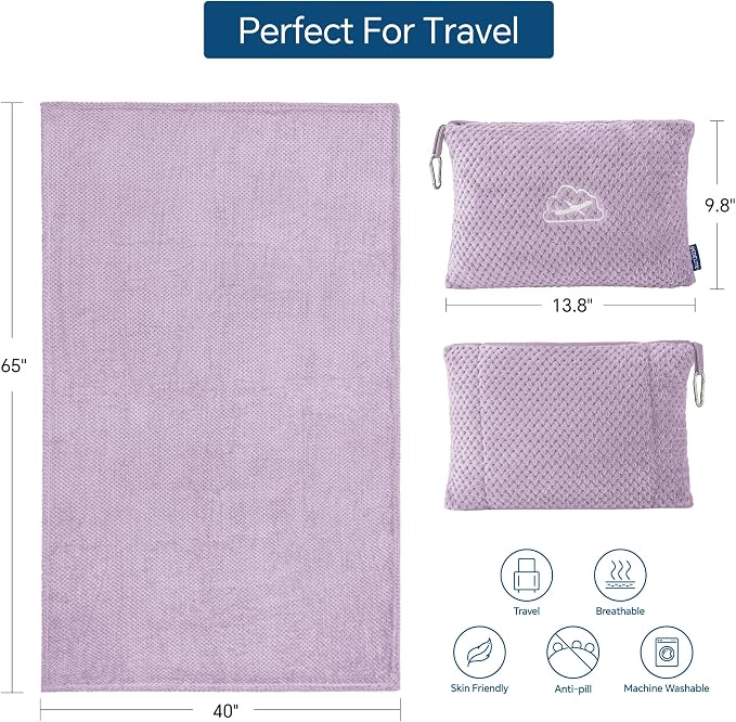 BEDELITE Travel Blanket with Bag, Jacquard Fleece Blanket 65"x40", Lavender | Ultra-soft Airplane Blanket, Luggage Sleeve & Backpack Clip, Travel Essentials for Women, Foldable as Pillow for Long Flight - Image 3