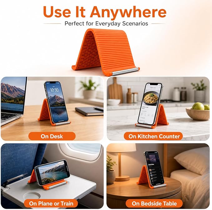 2PCS Portable Foldable Silicone Aluminum Phone Stand, Bendable Core Foldable Rollable Phone Holder - Flexible iPhone Stand for Long Travel Accessories - Plane Essentials (Black+Orange) - Image 3