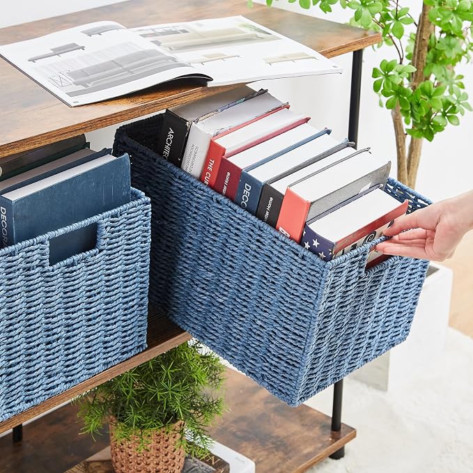 Wicker Storage Basket, Set of 2 Hand-Woven Paper Rope Wicker Basket, Small Storage Baskets for Organizing Toilet Paper Basket, Foldable Large Cube Storage Organizer Bins for Shelves (Blue) - Image 6