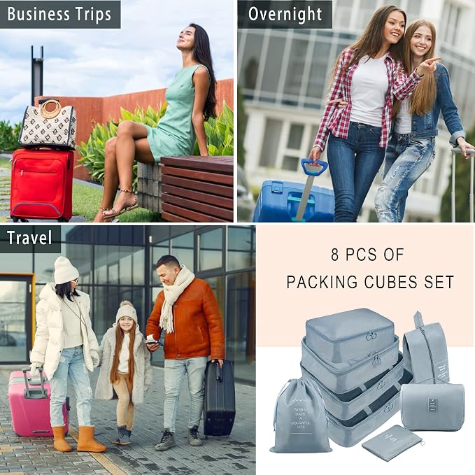 Packing Cubes, 8 Pcs Travel Packing Organizers for Suitcases, Large Capacity Travel Luggage Organizers Set includes 8 Storage Bags for Women or Men (Grey) - Image 7