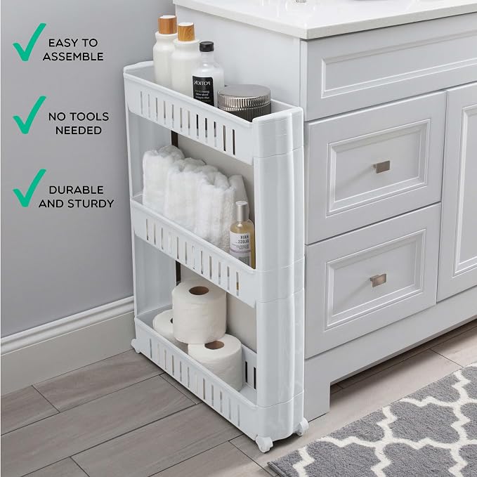 Simplify 3 Tier Slim Slide Out Storage Cart | Multi-Purpose Organization | Rolling | Wheels | Small Space | Laundry Room | Kitchen | Bathroom | Office | White - Image 3