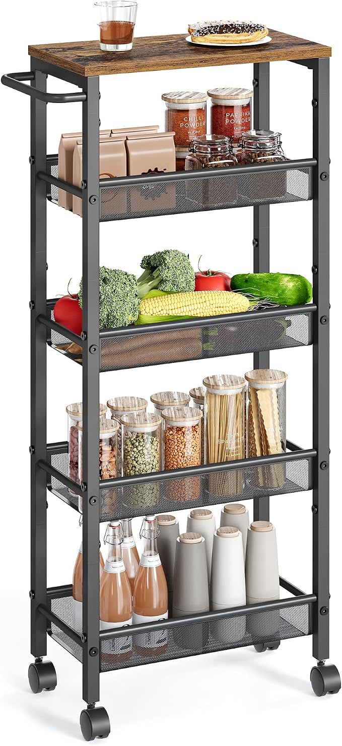 VASAGLE Slim Rolling Cart, 5-Tier, 8.7 Inches Deep, Steel Frame | Storage Cart with Handle, Narrow for Kitchen, Living Room, Rustic Brown and Matte Black, DACEY Collection ULRC035B01 by Unknown