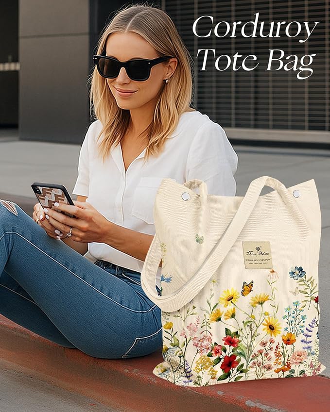 Miss Adola Corduroy Tote Bag for Women with Aesthetic Design | Magnetic Buckle & Pocket, Reusable, Soft, Roomy, Long Shoulder Handles, Double-sided Print, Casual Daily Work, Grocery Bags - Image 6