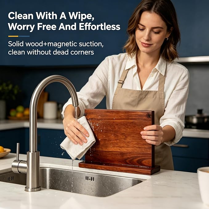 Magnetic Knife Blockr- Acacia Wood Strong Magnetic Knife Holder, Secure Knife Storage Organizer | Chef Tools & Space Saving for Kitchen Knives (brown) - Image 4