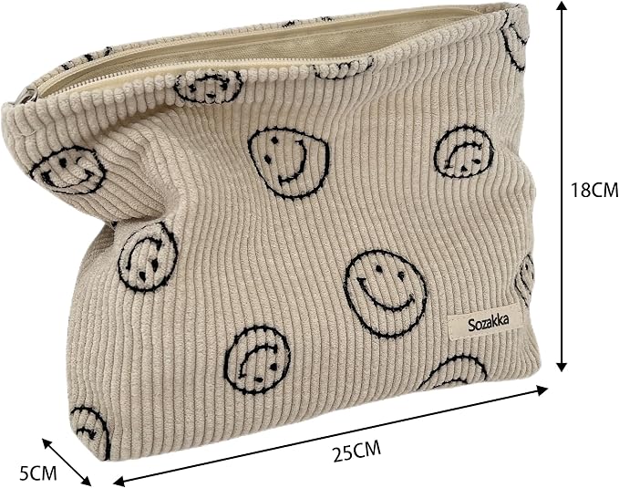 Cosmetic Bags for Women - Corduroy Cosmetic Bag Aesthetic Women Handbags Purses Smile Dots Makeup Organizer Storage Makeup Bag Girls Case Bags (A-Beige) - Image 7