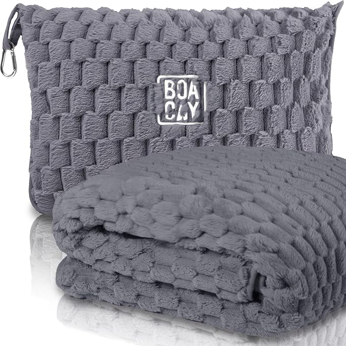 Packable Travel Blanket for Airplane, Car - Compact Office Blanket - Portable Pillow for Adults, Kids with Case, Luggage Sleeve, Backpack Clip by BOACAY
