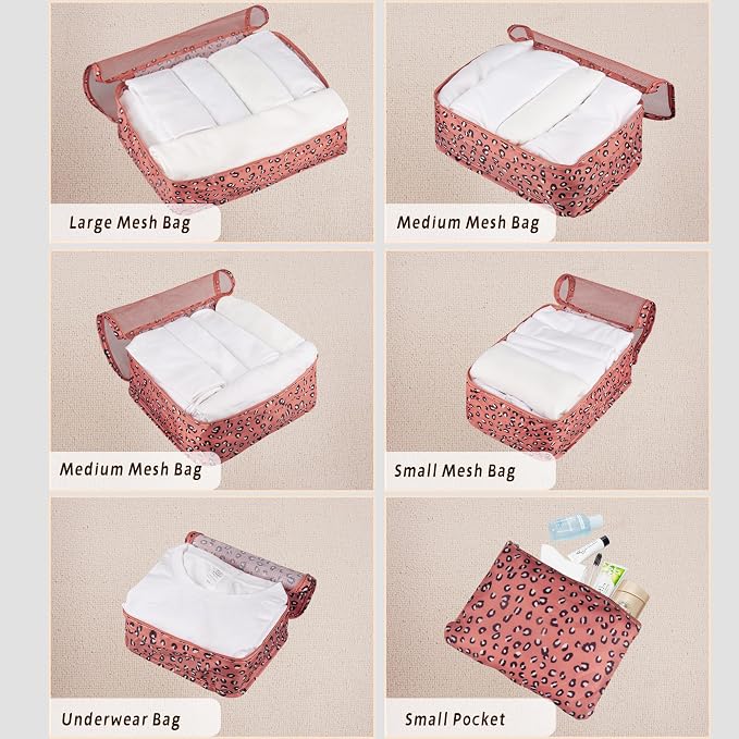 Vercord 7 Set Travel Packing Organizers Cubes Luggage Suitcase Organizer Bags Clothes Underwear Cube Shoe Pouch Pack Pink Leopard - Image 3