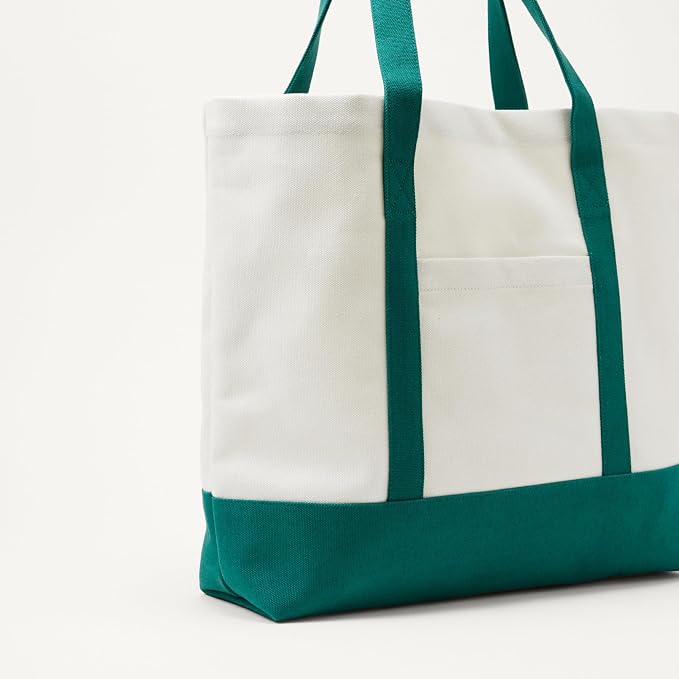 Amazon Essentials Unisex Adults' Large Heavy Duty Canvas Beach Tote Bag, Natural/Green, One Size - Image 3