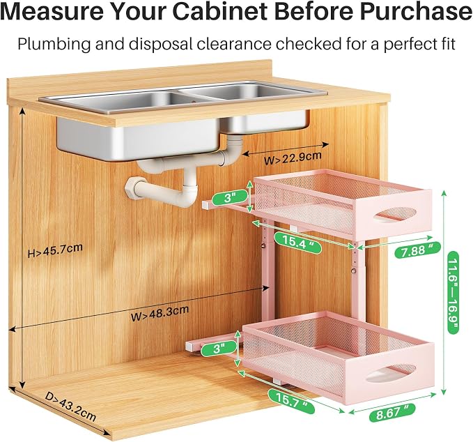 2 Pack Under Sink Organizer, 2 Tier Pull out Cabinet Organizer Mesh Baskets with 5 Adjustable Heights, Sliding Drawers Storage Shelf for Home, Kitchen, Bathroom, Pantry, Office, Countertop ,Pink - Image 2
