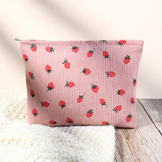 SOIDRAM 2 Pcs Cute Makeup Bag Large Cosmetic Bag Toiletry Bag Makeup Pouch Travel Bag Organizer Cute Makeup Brushes Aesthetic Accessories Storage Bag for Women Strawberry Pink Beige - Image 6