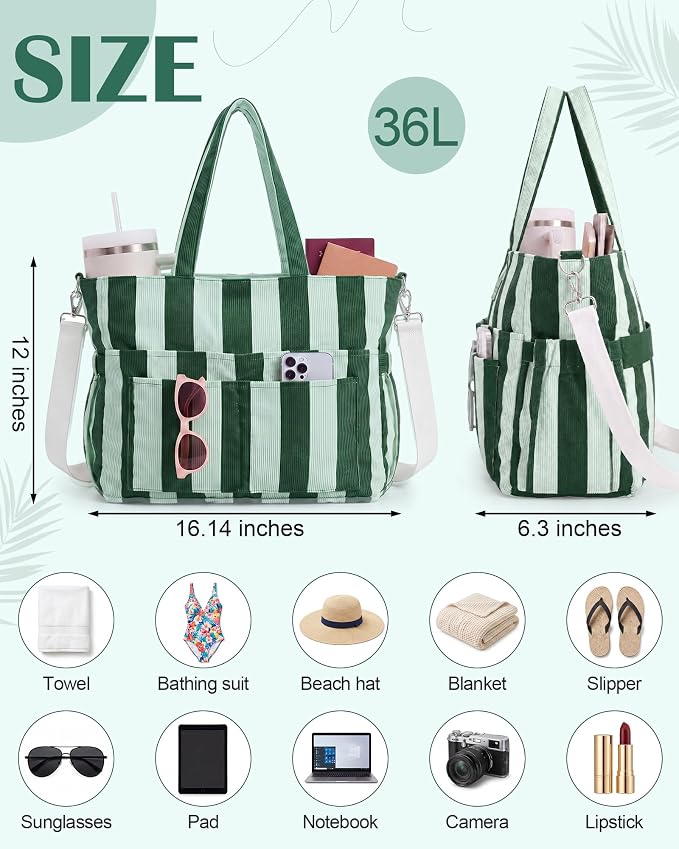 Kacctyen Striped Beach Tote Bag for Women Large Beach Foldable Tote Bag with Zipper Pockets for Travel Pool - Image 3