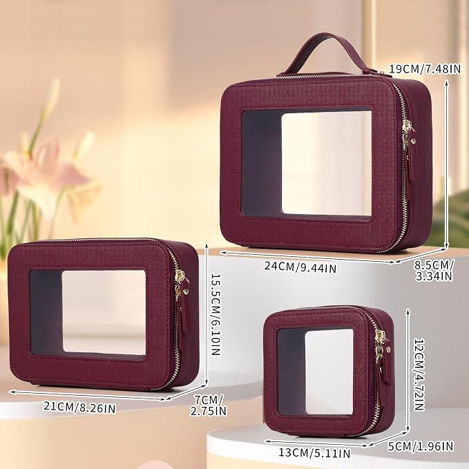 Pinkmik Clear Makeup Bag, (Burgundy, L+M+MINI) | Waterproof, Travel Case for Cosmetics and Toiletries, Women's Purse Organizer, Clear Car Bag with Zipper - Image 2