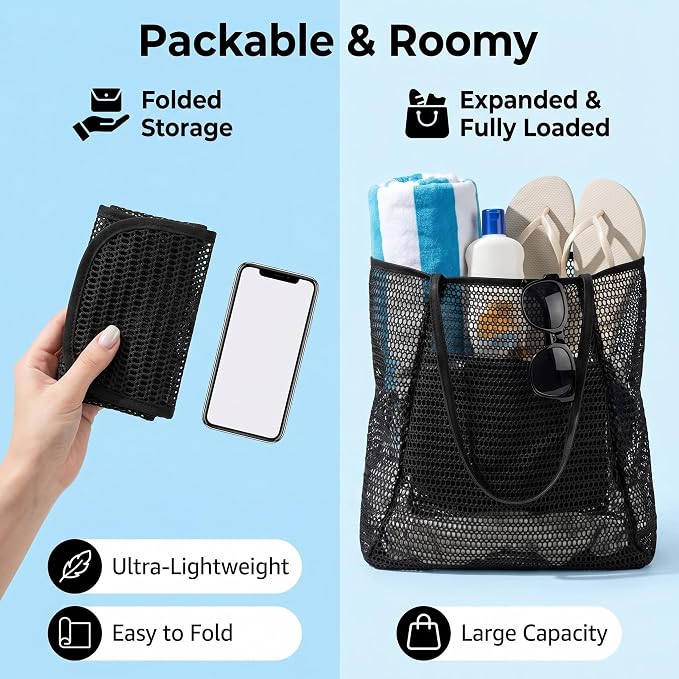 Mesh Beach Tote Bag for Women, Sandproof Quick Dry Foldable Travel Bag - Image 6