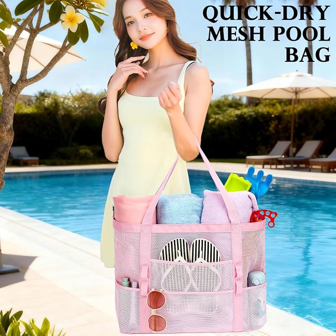 Fammart Mesh Beach Bag for Women, Large Beach Toy Pool Bag with Zipper Pocket, SandProof Cruise Essentials 2026 Family Travel - Image 2