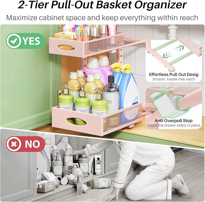 Under Sink Organizer, 2-Pack Pull Out Cabinet Organizer 2 Tier Metal Slide Out Storage Shelf Rack, L-Shaped Adjustable Height,Mesh Sliding Drawer for Kitchen, Bathroom, Laundry, Pantry, Pink, XL - Image 4