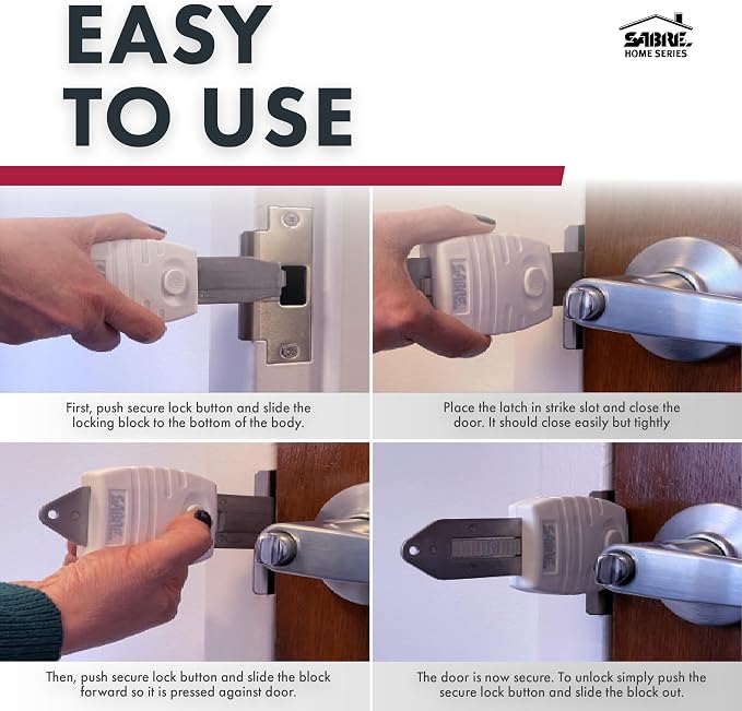 SABRE Portable Door Lock, Durable Metal Construction, Lightweight and Compact, Quick No-Tool Installation, Fits Most Inward-Swinging Hinged Doors, Requires 1/8 Inch Gap, For Houses, Apartments, Condos - Image 4